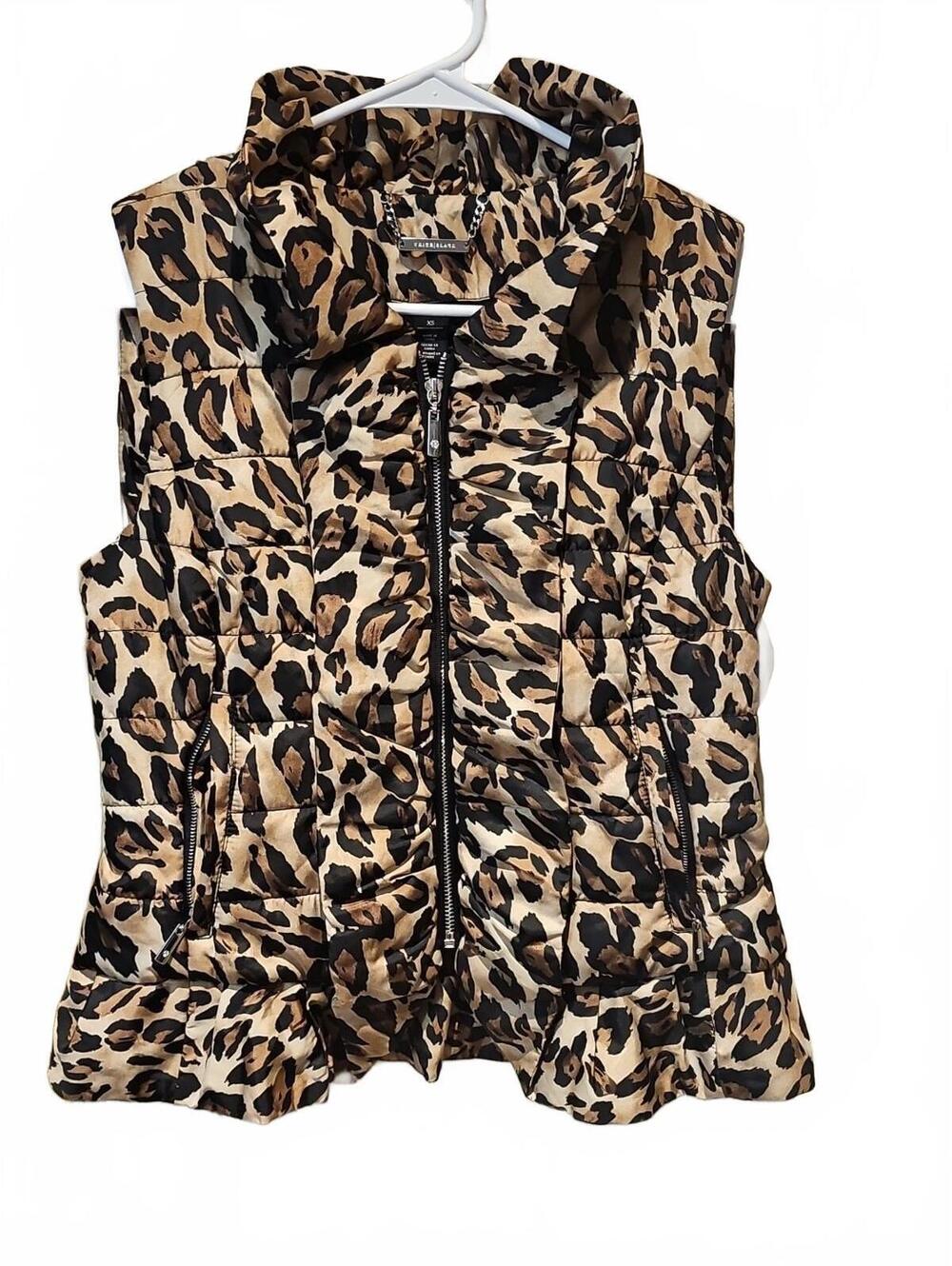 White House Black Market Leopard Print Ruffled Puffer Full Zip Vest Size XS